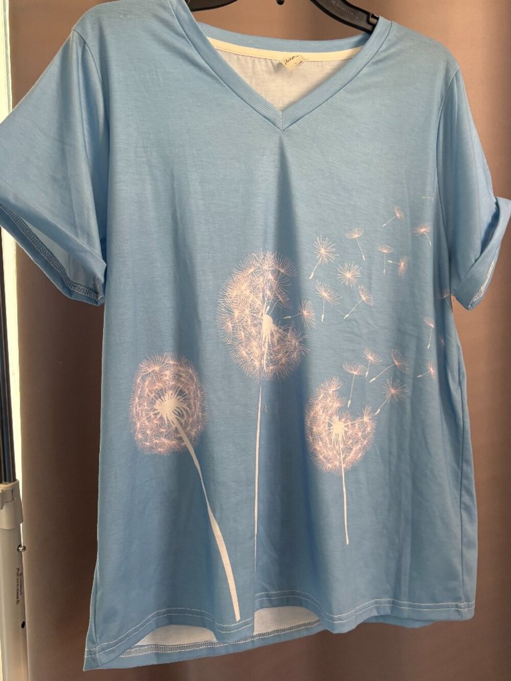 Pixie Lady Sky Blue Dandelion Graphic V-Neck Short Sleeve T-Shirt Top Large